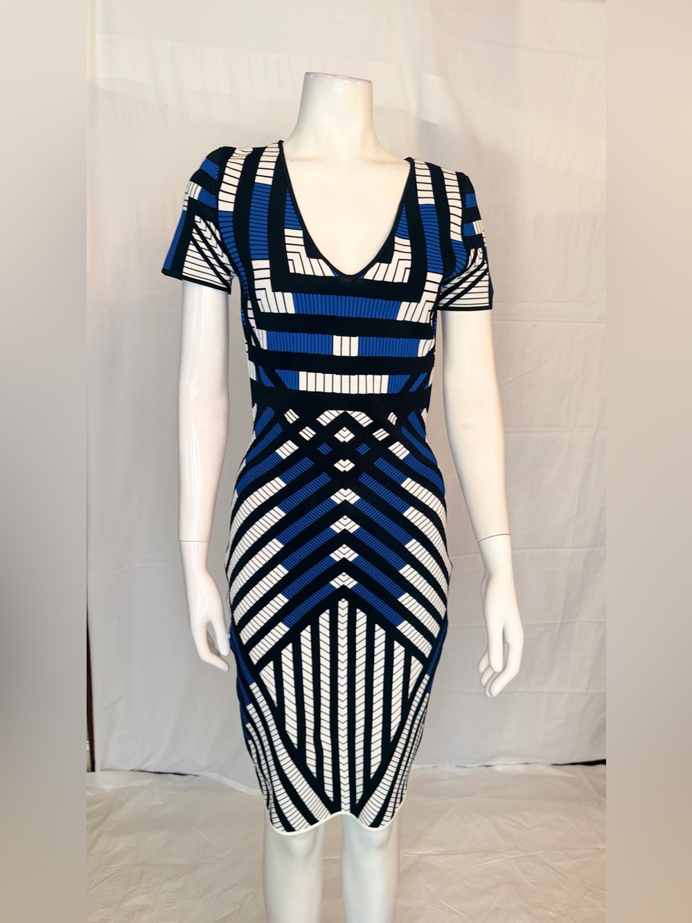 Diane Von Furstenberg Blue, White & Black Geometric Midi Dress